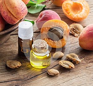 Apricot kernel oil and apricot kernels on wooden background