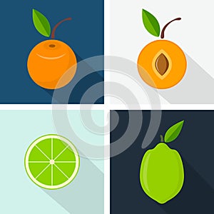 Apricot and lime. Colorful flat design. Fruits with shadow