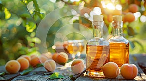 Apricot liqueur in glass bottles and ripe apricots - AI Generated