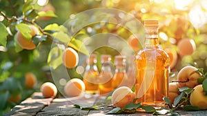 Apricot liqueur in glass bottles and ripe apricots - AI Generated