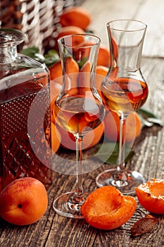 Apricot liquor and fresh apricots on a old wooden table