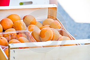 Apricot market wood box background texture