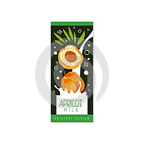 Apricot milk logo original design, label for natural healthy dairy product with fresh fruit vector Illustration
