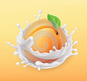 Apricot and milk splash. Fruit and yogurt. 3d vector icon