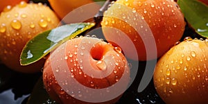 Apricot or peach with water drops close-up, top view. Photo for advertising. Generative AI