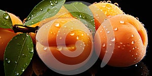 Apricot or peach with water drops close-up, top view. Photo for advertising. Generative AI