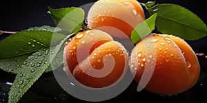 Apricot or peach with water drops close-up, top view. Photo for advertising. Generative AI