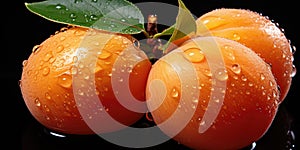 Apricot or peach with water drops close-up, top view. Photo for advertising. Generative AI