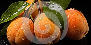 Apricot or peach with water drops close-up, top view. Photo for advertising. Generative AI