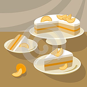 Apricot pie with a layer of jam and fresh fruit pieces of outlines. Monochrome food dessert still life in yellow orange colors.