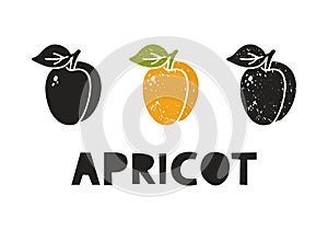 Apricot, silhouette icons set with lettering. Imitation of stamp, print with scuffs. Simple black shape and color vector