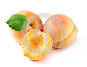 Apricot with slice and leaf retouched and isolated white background