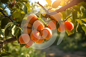 Apricot tree with ripe fruits hanging on a branch in orchard. Bunch of ripe apricots hanging on tree in the garden. Generative AI