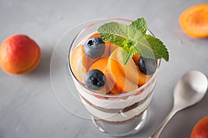 Apricot trifle, chocolate biscuit, layered dessert with fresh berry and gentle cream cheese