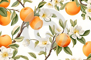Apricots on branches with leaves and flowers, illustration pattern on white background. AI generative.