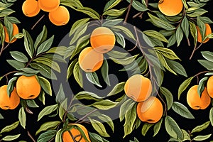 Apricots on branches with leaves, illustration pattern on dark blue background. AI generative