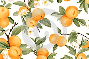 Apricots on branches with leaves, illustration pattern on white background. AI generative.