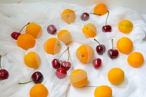 Apricots and cherry berries at white background
