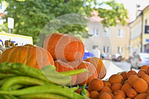 Apricots, hot peppers, squash and other fruit and vegetable for sale at local farmers market. Fresh organic produce for