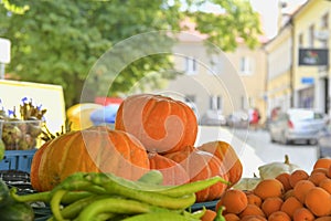 Apricots, hot peppers, squash and other fruit and vegetable for sale at local farmers market. Fresh organic produce for