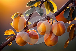 Apricots ripen on a tree branch. AI generated