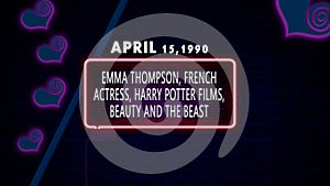 April 15, 1990 - Emma Thompson, French actress, Harry Potter films, Beauty and the Beast, brithday noen text effect on bricks