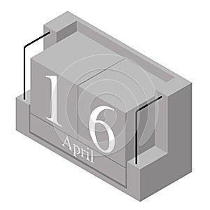 April 16th date on a single day calendar. Gray wood block calendar present date 16 and month April isolated on white background.