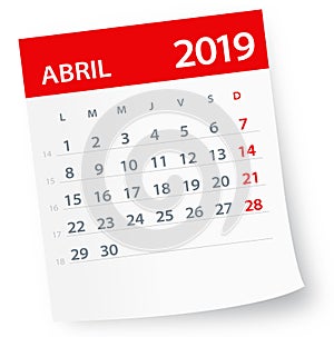 April 2019 Calendar Leaf - Vector Illustration. Spanish version