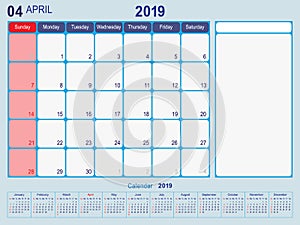 April 2019 Calendar Monthly Planner Design