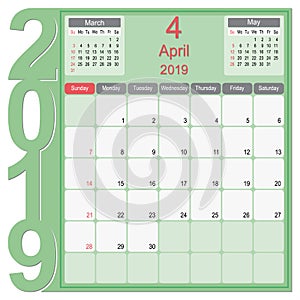 April 2019 Calendar Monthly Planner Design