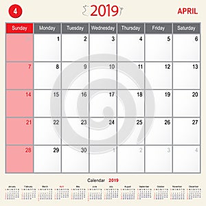 April 2019 Calendar Monthly Planner of Pig Design