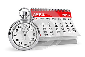 April 2019 calendar with stopwatch. 3d rendering