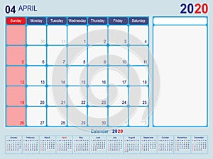 April 2020 Calendar Monthly Planner Design