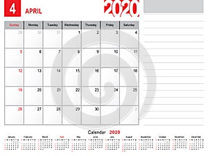 April 2020 Calendar Monthly Planner Design