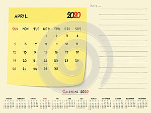 April 2020 Calendar Paper Note Design