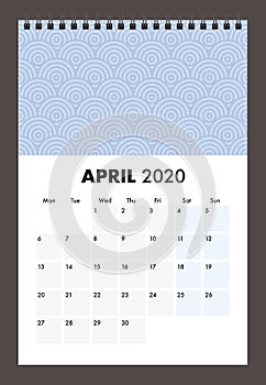 April 2020 calendar with wire band