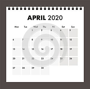 April 2020 calendar with wire band