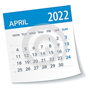 April 2022 Calendar Leaf. Week Starts on Monday. Vector Illustration