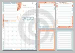 April 2022 calendar month planner in pastel color, week starts on Monday, planner and notes pages collection set. Drawing page for