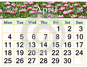 April 2022 Calendar for organizer to plan and reminder on nature background