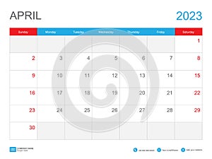 April 2023 template-Calendar 2023 design , Desk Calendar 2023 template, Planner simple, Week starts Sunday, Stationery