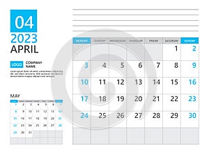 April 2023 template, Calendar planner 2023, week start on Monday, Desk calendar 2023 year, simple planner and clean design, Wall