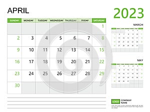 April 2023 year, Calendar planner 2023 template, week start on Sunday, Desk calendar 2023 design, simple and clean design green