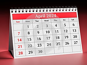 April 2024 calendar. One page of annual business desk monthly calendar