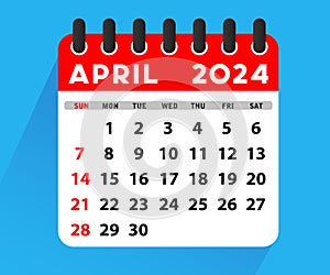 April 2024 Calendar. Week starts on Sunday. Blank Calendar Template. Stationery Design. Vector Illustration