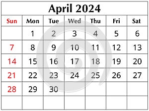 April 2024 ENGLISH month calendar. png transparent printable illustration. Monthly