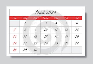 April 2024 ENGLISH month calendar. Vector printable illustration. Monthly planning for events