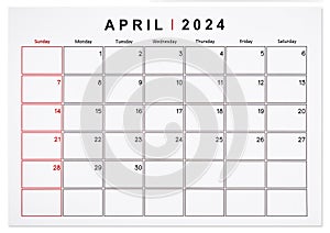 The April 2024 monthly calendar page isolated on white background, Saved clipping path