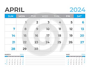 April 2024 page, Calendar 2024 template, Desk calendar 2024 year, planner design, Wall calendar, week starts on sunday, stationery