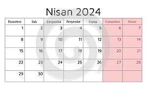 April 2024 TURKISH calendar - Nisan. Vector illustration. Monthly planning for business in Turkey